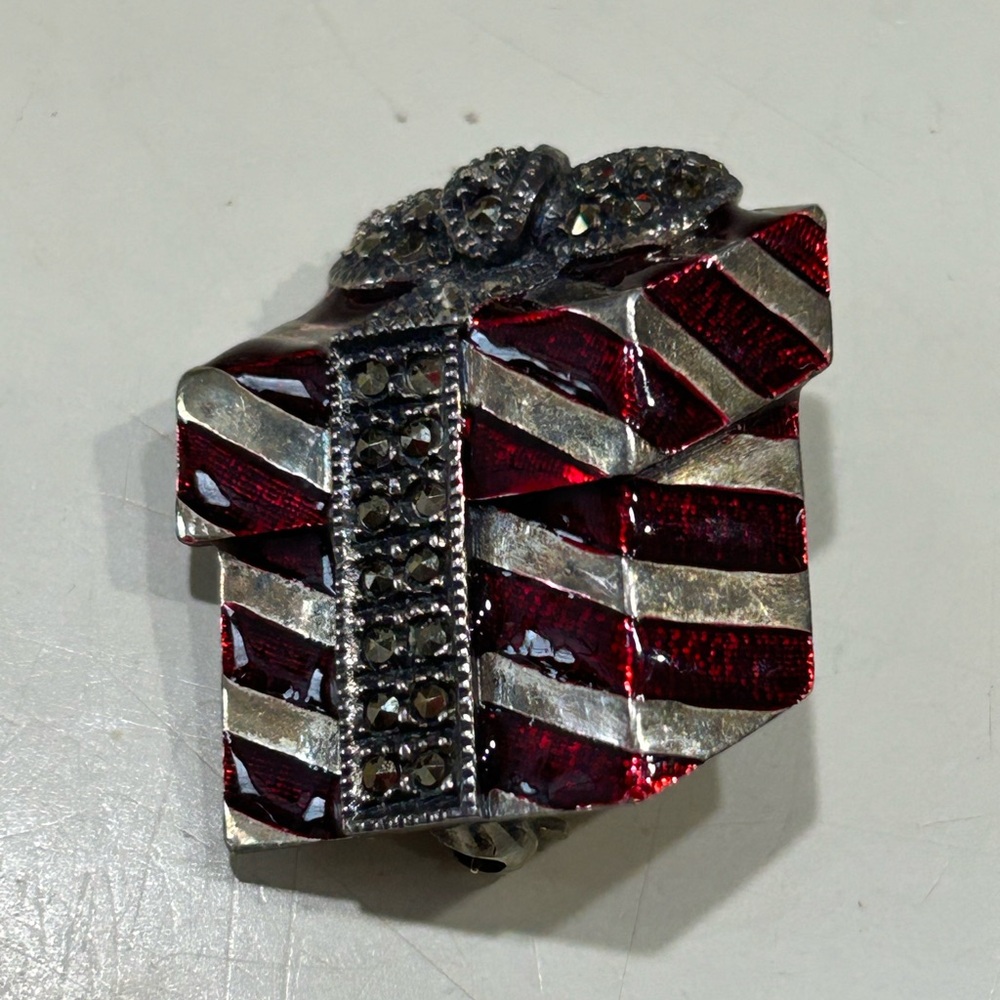 Judith Jack Red and Silver Brooch with Bold Geometric Design